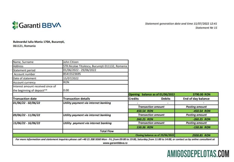 Romania Garanti BBVA Bank Statement Xls modelo